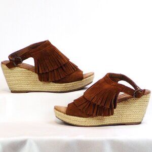 MINNETONKA size 7 russet-brown double-fringed wedge-heel slingback espadrilles